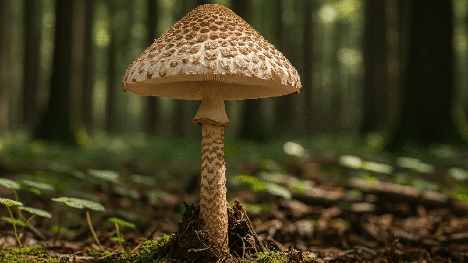 La lépiote de Josserand, champignon toxique ressemblant au parasol, en forêt