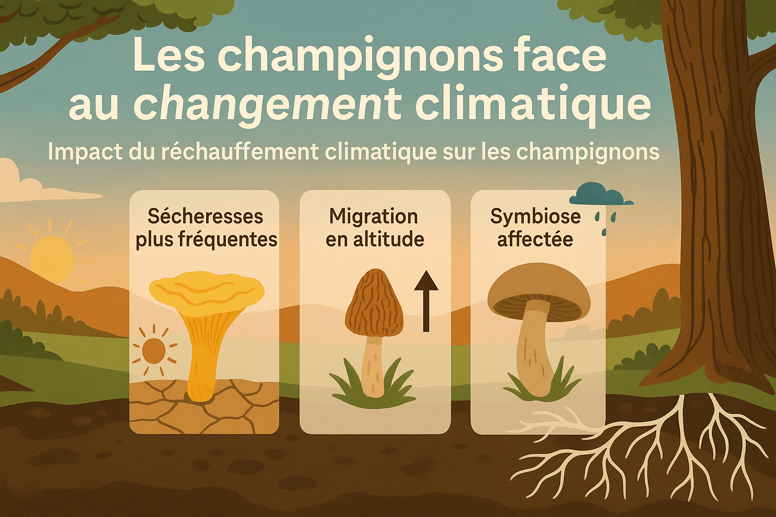 La-champignonnière-les-champignons-face-au-changement-climatique Illustration montrant les effets du changement climatique sur les champignons et les forêts